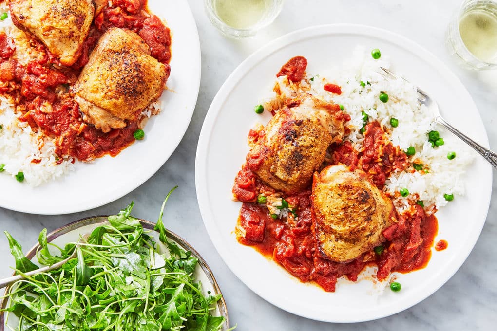 Crispy Chicken and Rice with Peas & Arugula Salad